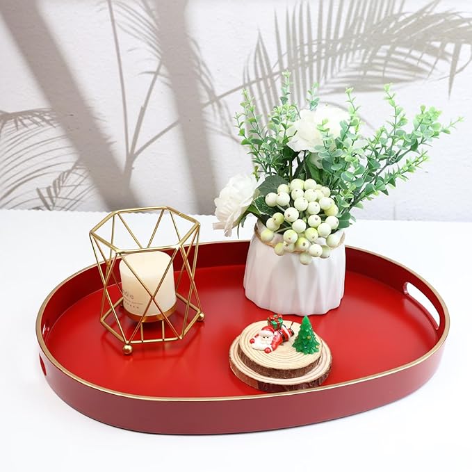 Spsyrine Red Plastic Serving Tray for Ottoman, Coffee Table, Oval Decorative Tray for Entertaining, Outdoor, Living Room, Home Decor