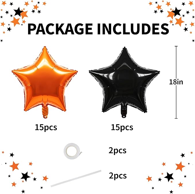 TONIFUL 30Pcs 18 Inch Large Orange Black Star Shape Foil Balloons Big Stars Helium Mylar Ballons for Halloween Birthday Wedding Baby Shower Anniversary Engagement Party Decorations Supplies