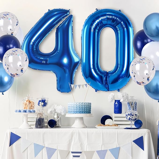 Large Foil Number 40 Balloons, Big Light Navy Blue 40 Helium Balloon with Metallic Silver Confetti Balloon for Men 40th Birthday Party Decor, Mylar Self Inflating 40 Balloon for Graduation Decorations