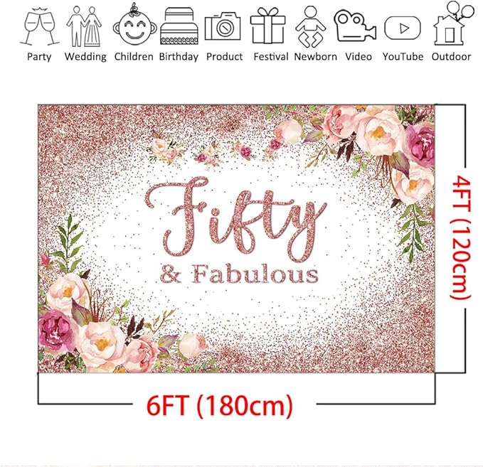 Mocsicka Fifty and Fabulous Backdrop Rose Gold Floral 50th Birthday Party Photo Backdrops Happy Fifty 50th Birthday Party Decorations Photography Background (6x4ft, 50th)