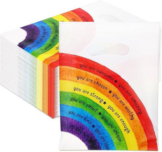 Coume 100 Sets Inspiration Quotes Treat Bags with Handles Small Plastic Party Favors Gifts Bags for Kids Students Birthday Party Gifts Favors (Rainbow Style)