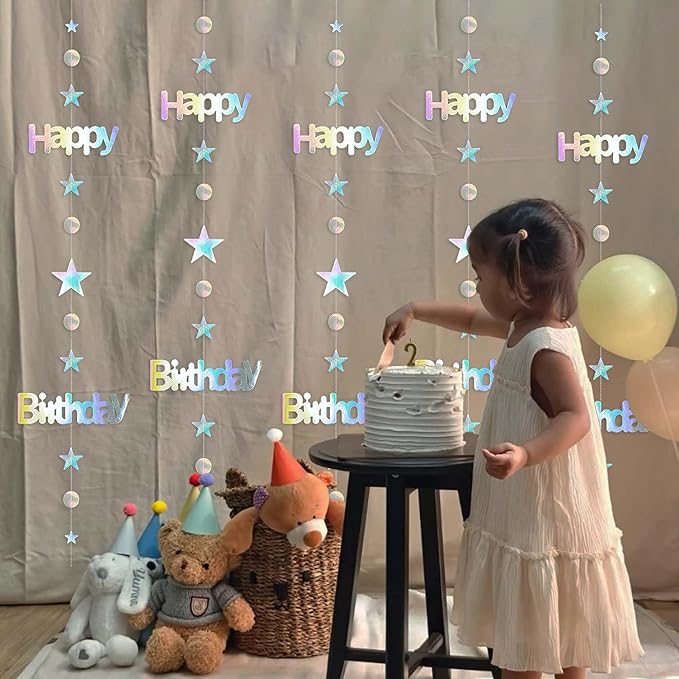 Pre-Strung Iridescent Happy Birthday Banner Decorations, No DIY Holographic Star Circle Dot Garland Sign Hanging Streamers Birthday Party Decor for Women Men Girl Boy Party Supplies