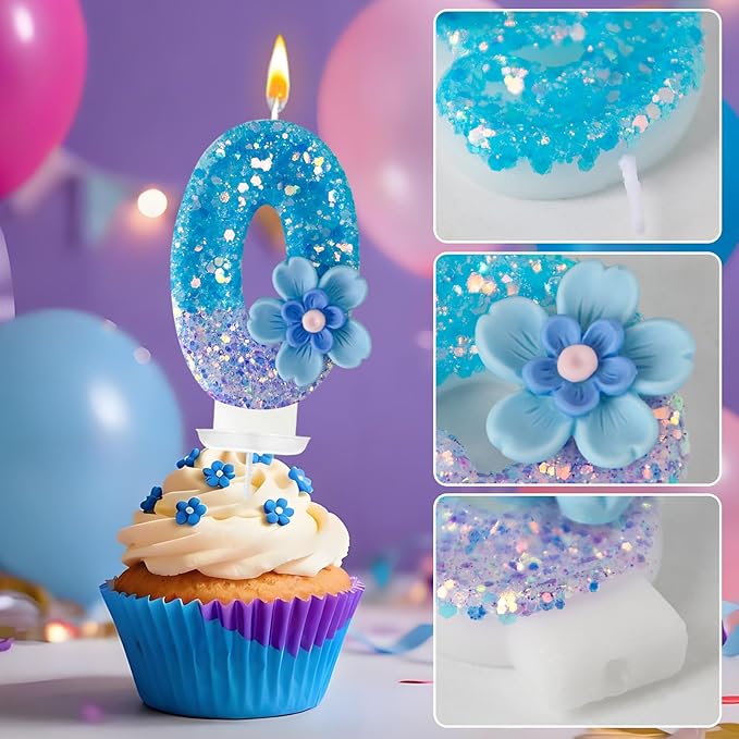 Blue Purple Flower Birthday Number Candles, Flower Theme Party Decorations, Cupcake Decorations, Suitable for Party Celebrations, Boys and Girls Birthday Decorations（0）