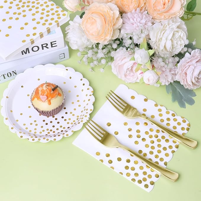 Gold Plates and Napkins Party Supplies, 35 7??White and Gold Party Paper Plates, Disposable Plate for Wedding Birthday Birthday Decoration Tableware