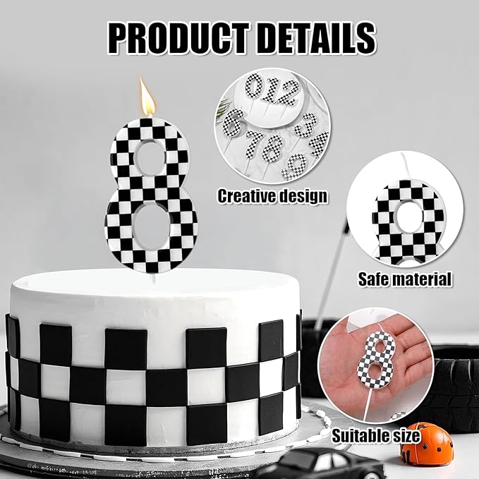 Racing Cars Themed Birthday Candle, Checkered Flag Number Candles Black and White Candles Happy Birthday Cake Topper Party Decorations for Boys Racing Cars Themed Party Supplies (Number 8)
