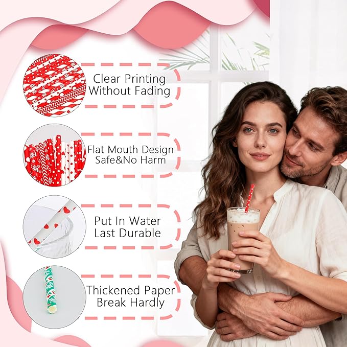 100 Pack Valentines Day Paper Straws,Valentines Party Supplies Red Disposable Drinking Straws for Anniversary Holiday Celebrations,Bridal Shower,Wedding Birthday Party