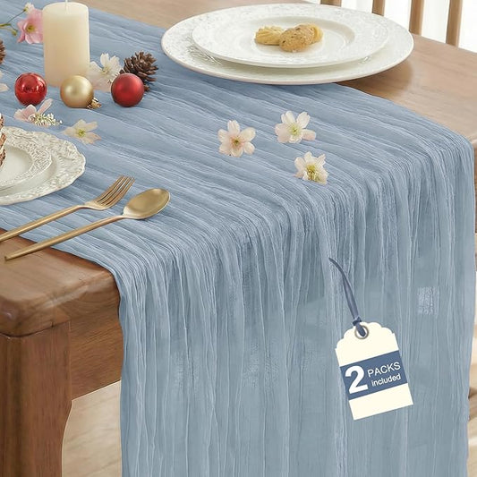 IVAPUPU 2 Pcs Cheesecloth Table Runner - 10ft Dusty Blue Spring Boho Gauze Cheese Cloth Table Runners for Baby Shower Decorations Wedding Party Garden Farmhouse