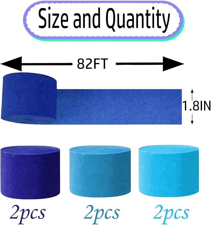 Blue Crepe Paper 6 Pcs Streamers for Party Decorations, Birthday Wedding DIY Crafts, Gift Wrapping Supplies