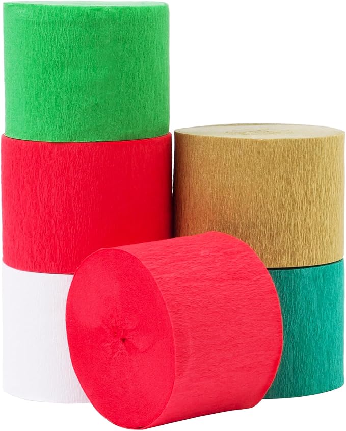 Crepe Paper Streamers 6 Rolls 492ft, Pack of Red Green White Gold Party Streamers for Party Decorations,Christmas Decorations, Birthday Decorations (1.8 Inch x 82 Ft/Roll)