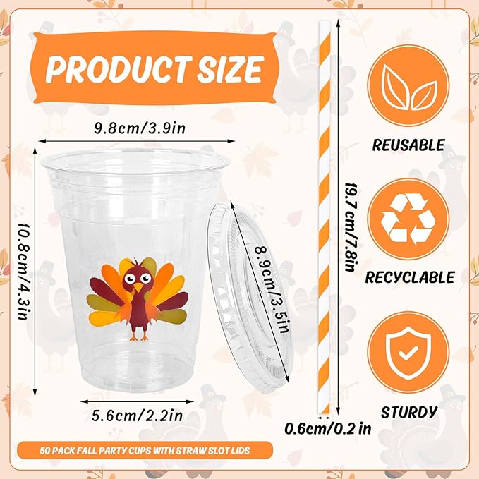 Whaline 50 Pcs 12 Oz Fall Plastic Cups with Lids and Straws Cute Turkey Cold Beverage Drinking Cups for Autumn Thanksgiving Party Supplies