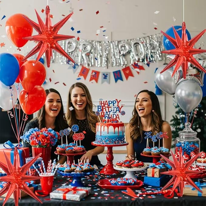 TONIFUL 4 Pcs 22inch 4D Huge Red Star Balloons Explosion Star Mylar Foil Balloons for Party Supplies Backdrop Christmas,New Year,Birthday, Wedding,Photo Booth Ornament