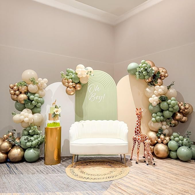 Sage Green Gold Latex Balloons, 50pcs 12 Inches Sage green Sand White Metallic Gold Confetti Balloons with 1 Ribbon for Baby Shower, Wedding, Birthday Party Decorations