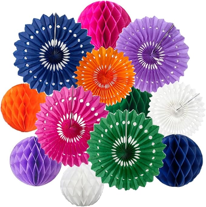 12pcs 6’’ 8’’ Honeycomb Balls Tissue Paper Fans Party Honeycomb Ball Fans Wall Tissue Pom Poms Flower Balls Hanging Paper Fans for Party Baby Shower Birthday Wedding Nursery Decor(Multicolored-2 kit)