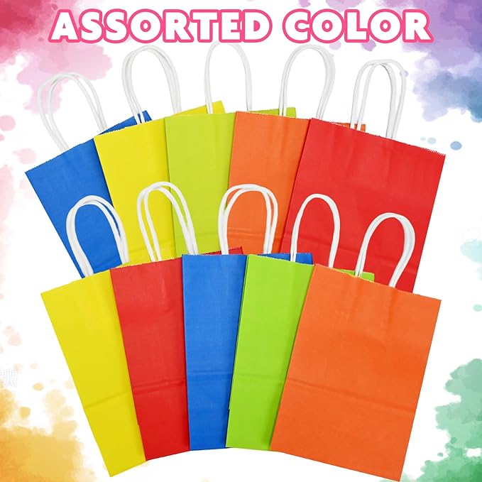 10 Pcs Paper Gift Bags with Handles, 8" Rainbow Color Goodie Bags for Party, Christmas, Favor, Birthday, Wedding, Events, Classrooms, Celebrations