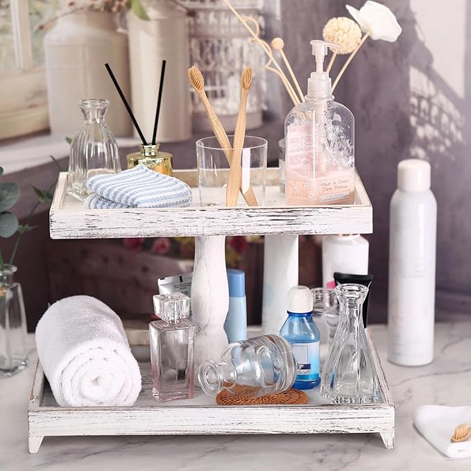 Yalikop Farmhouse Tiered Tray Stand - Wooden Rustic 2 Tier Rectangular Tray Serving Stand for House Kitchen Cake(White)