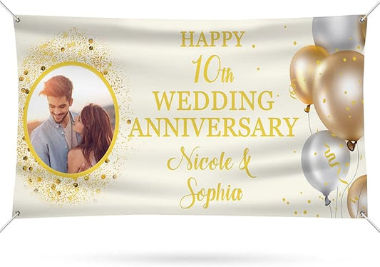 Happy Anniversary Banner Personalized Name Photo Custom Wedding Celebration Banners and Signs Customize Decoration for Couple 6'x3'