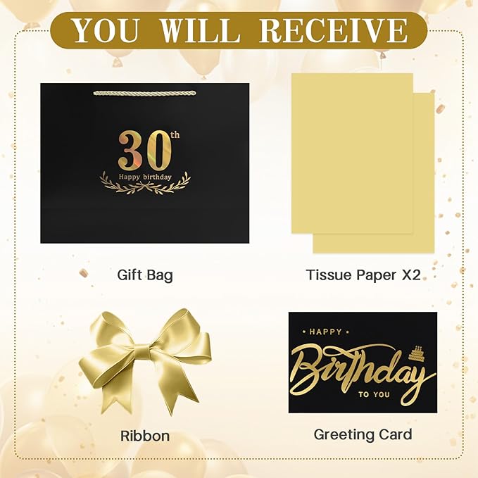 JMANNI Black Gold 30th Birthday Gift Bag with Card and Tissue Paper, 12.6"×9.84"×3.9" Elegant Present Bag for Adults, 30 Year Old Birthday Keepsake Party Supplies
