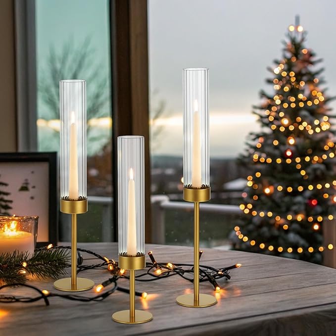 Glass Hurricane Candle Holders Set of 3-Gold Metal Base Taper Candle Stick Holders for CandlesticksHolder Decor, Elegant Dining Table Centerpiece for Wedding, Christmas & Home Decor-Ribbed Glass