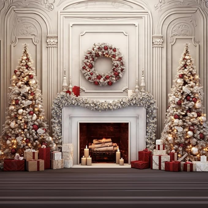 Kate 8×8ft Christmas Backdrop Photography Christmas Tree Wreath Fireplace Candle Xmas Background Studio Props for Photo Video