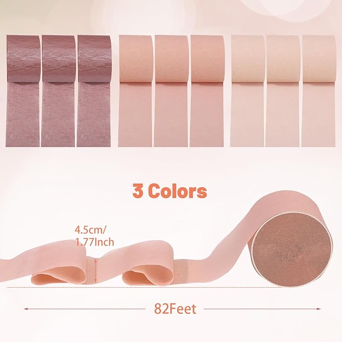 Crepe Paper Streamers 9 Rolls 738ft, Pack of Metallic Rose Gold Baby Pink Crepe Paper for Party Decorations, Birthday Decorations, Baby Shower Decorations, 1.77 Inch x 82 Ft/Roll