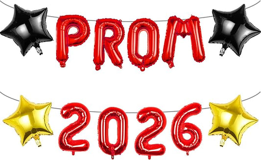 Prom 2026 Balloons Decorations, 16 Inch Foil Letter Number Balloons with 18 Inch Black Red Star Balloons for High School College Graduation Gift Retirement Ins Photo Party Supplies