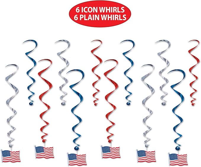 Beistle American Flag Whirls, Hanging Patriotic Stars and Stripes Decorations, Red, White & Blue Party Supplies for Fourth of July, Memorial Day
