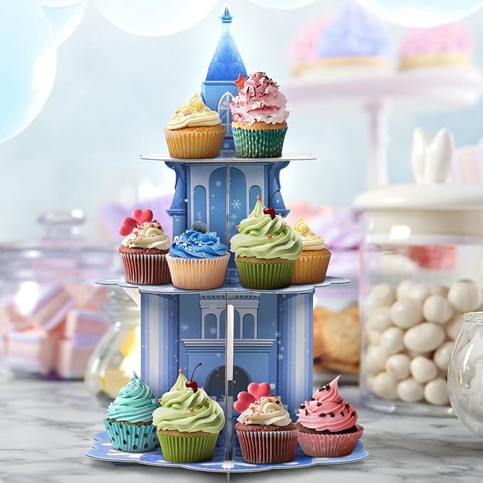 3 Tier Frozen Cupcake Stand Holder, Thickened Cupcake Tower for Boys Girls Kids Birthday Party Christmas Supplies Decorations Winter Snow Themed Cake Holder Dessert Display Stand