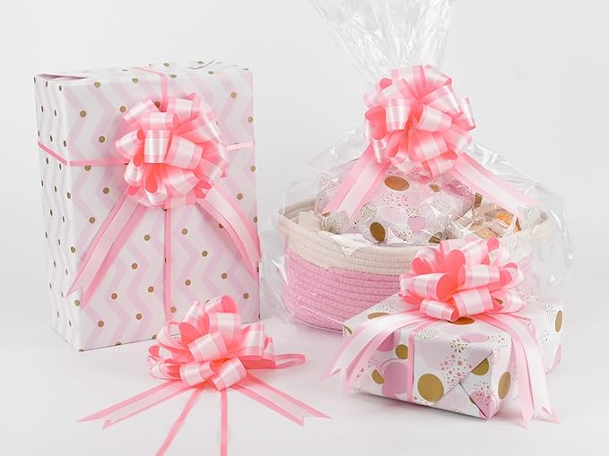 HUIHUANG Pink Pull Bows 12 PCS Baby Pink and White Double Layer Satin Pull Bows 6" x 10" Gift Bow for Gift Wrapping Gift Basket Flower Bouquets Baby Shower Favors Wedding Party Decor