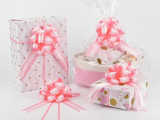 HUIHUANG Pink Pull Bows 12 PCS Baby Pink and White Double Layer Satin Pull Bows 6" x 10" Gift Bow for Gift Wrapping Gift Basket Flower Bouquets Baby Shower Favors Wedding Party Decor