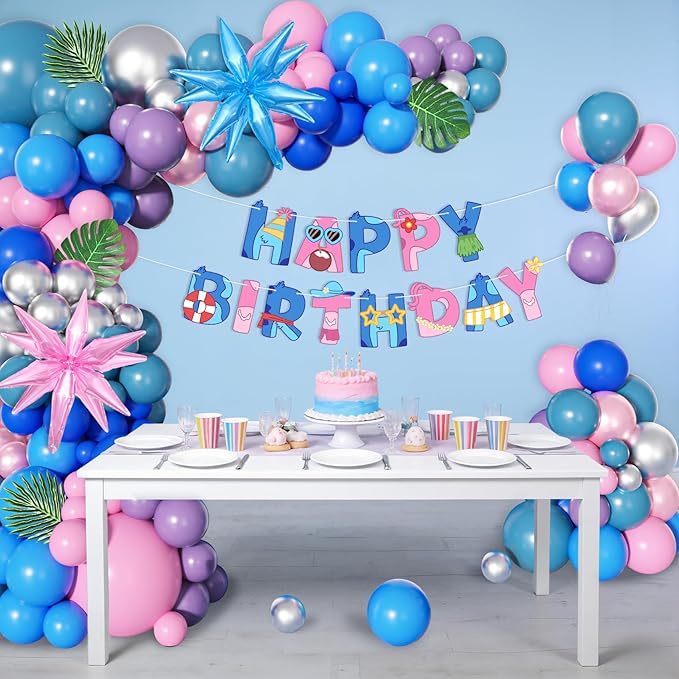 Ouddy Life 160Pcs Pink and Blue Balloons Arch Kit Purple Metallic Silver Star Foil Balloon Happy Birthday Banner Palm Leaves for Birthday Hawaii Tropical Summer Baby Shower Cartoon Party Decorations