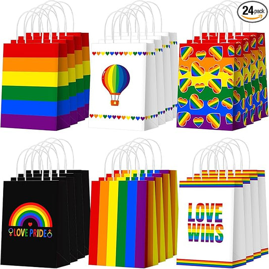 Kolldenn 24 Pcs Rainbow Party Favors Bags Lgbtq Pride Gift Goodie Paper Bags with Handles Gay Lesbian Rainbow Striped Flag Candy Treat Pouch for Lgbt Pride Month Party Decorations Parade Supplies