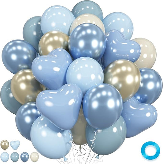 Baby Dusty Blue and Gold Balloons, 60 PCS Pastel Gold Metallic Light Blue Heart Balloons, 12 Inch 1st Birthday Decorations for Boy, Cream Balloon for Baby Bridal Shower Gender Reveal Wedding Birthday