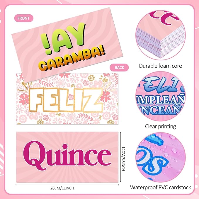 Beeveer 24 Designs Spanish Quinceanera Photo Booth Props Sweet 15th Birthday Parties Decorations Double Sided 11.02 x 5.51'' DIY Waterproof Selfie Signs PVC Printing Photo Props