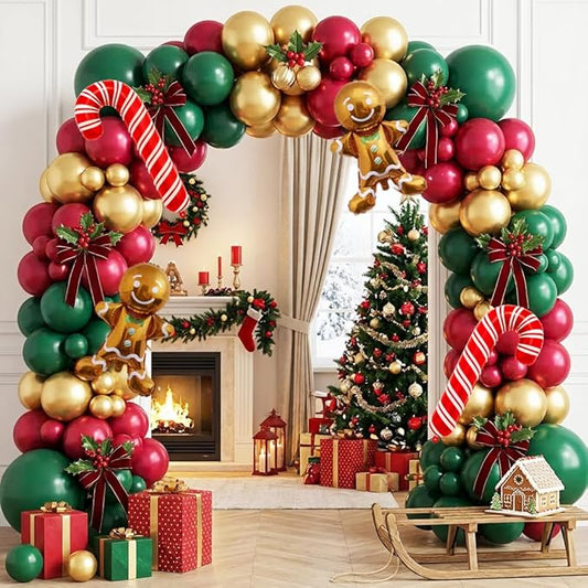 PartyXpress 135PCS Christmas Balloon Arch Garland Kit with Dark Green Red Gold Cane Gingerbread Man Balloons for Xmas Party Backdrop, Holiday Birthday Decorations, Christmas Garland Indoor