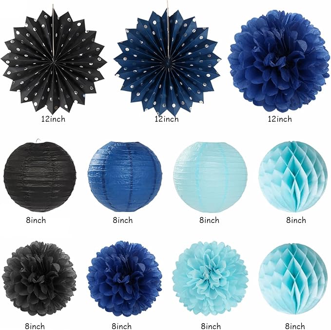 Light-Royal Navy-Blue Black Birthday Party-decorations - 21pcs Boys Men Happy Banner,Paper Streamers Lanterns Honeycomb,Tissue Pom Poms Fan,Adult Supplies Decor 16th 20th 40th 45th 50th 60th Huglony