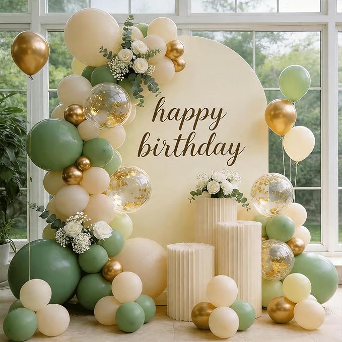 Sage Green Balloons Arch Kit， Olive Green Sand White Metallic Gold Confetti Balloons for Birthday Bridal Shower Engagement Baby Shower Party Decorations