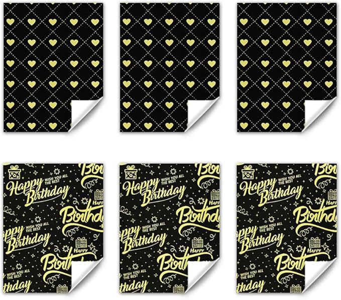 Happy Birthday Wrapping Paper for Man Women,6 Sheets Black Gold Birthday Love Heart Gift Wrapping Paper with 2 Greeting Cards for Girl Boy Wedding Graduation Christmas Gift Wrap Paper,28*20 Inch