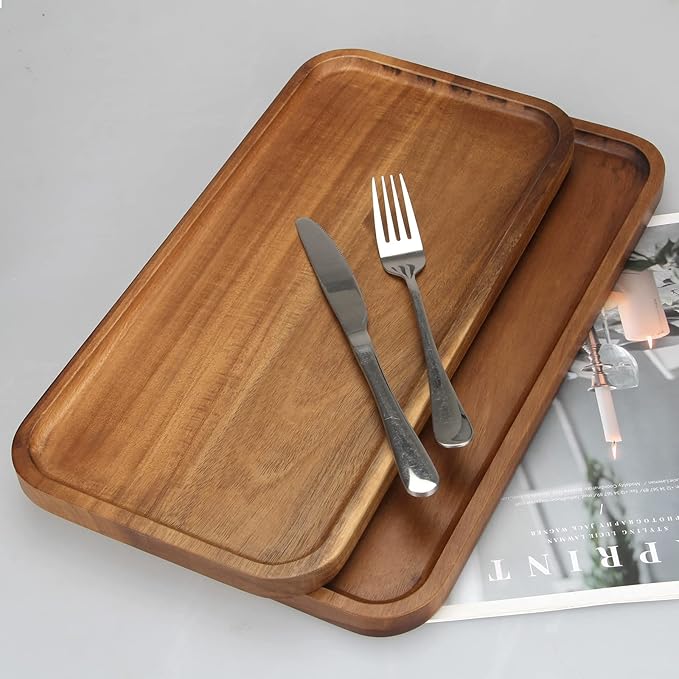 2 Pcs Rectangular Serving Platters for Food Dish Party Wooden Charcuterie Boards 14" x 7" Acacia Wood Trays for Kitchen Counter Decor Rectangle Dessert Plates Cheese Board Snack Appetizer Platter