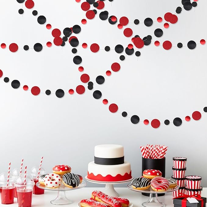 Outus 5 Pieces Black,Red Round Dots Garland Graduation Party Hanging Decor Each Length 13.1ft Glitter Paper Dot Streamers for Birthday Wedding Classroom Supplies