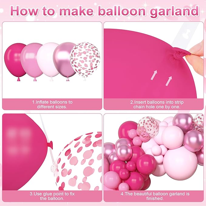 Amandir 153 Pcs Pink Balloon Arch Garland Kit, Different Sizes 18 12 10 5 inch Latex Metallic Confetti Hot Pink Balloons for Mothers Day Baby Shower Birthday Princess Wedding Party Decorations