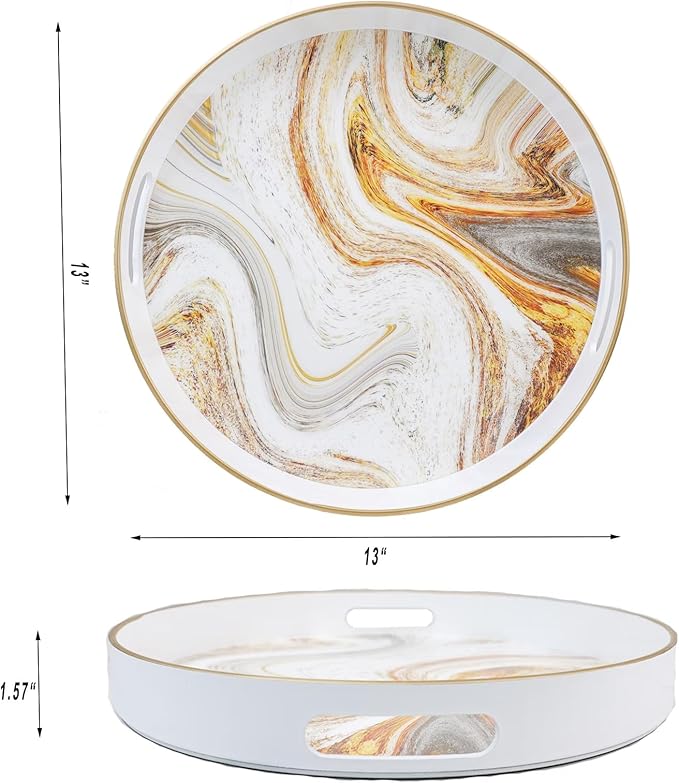 Round White Marbling Decorative Tray with Handles, 13" Morden Plastic Serving Tray for Coffee Table Bathroom, Ottoman, Home Decor