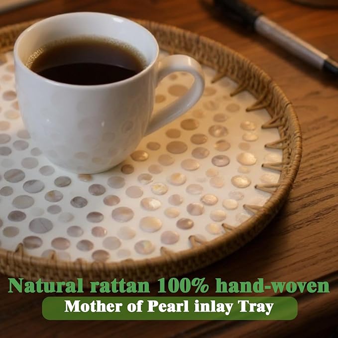 Round Rattan Tray with Mother of Pearl Inlay, Handwoven Wicker Coffee Table Serving Basket Tray for Fruit Snack Party Picnic Cafe Bedroom Kitchen Home Decor Set of 2 (Apricot Dot)