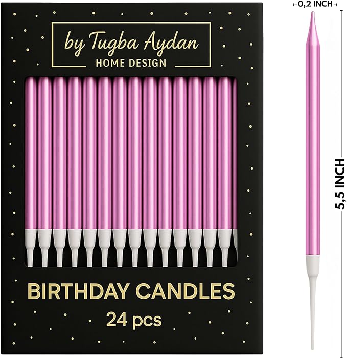 by Tugba Aydan - Pink Birthday Candles, 24 Pack, Long Thin Metallic Cake Candles with Holders, Elegant Pink Candles for Cakes, Cupcakes & Parties