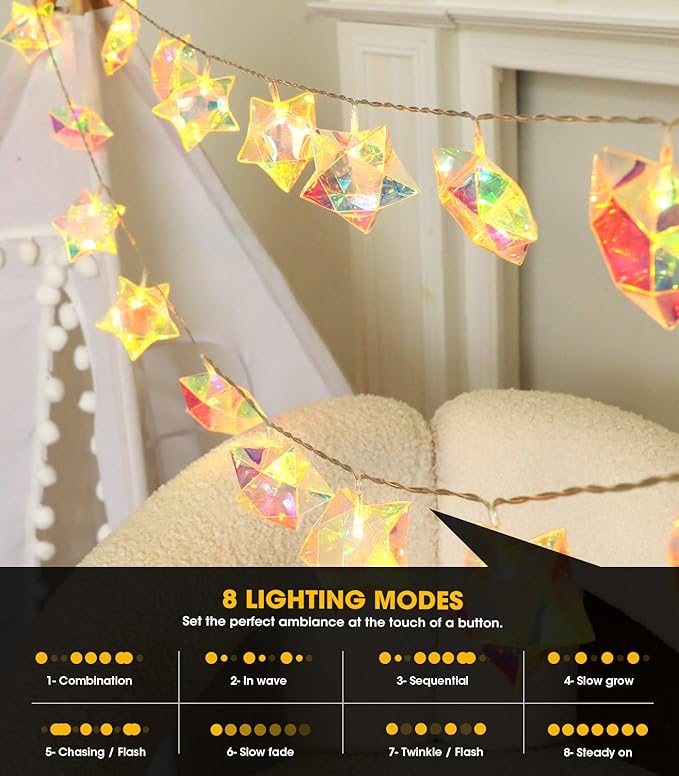 AceList 10ft 20-LED Holographic Star String Lights – Perfect for Home Decor, Intimate Gatherings, Seasonal Celebrations, Christmas Gifts, Halloween, Birthday Decorations(Warm White)