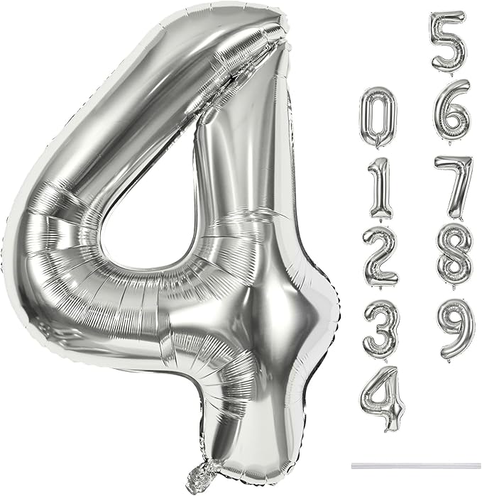 Silver Number Balloons, 40inch Large Number 4 Foil Helium Balloons for Girls Women, Self Inflating Number Balloons 0-9 for Men Boys 4th 14th 40th Birthday Anniversary Party Celebration Decoration
