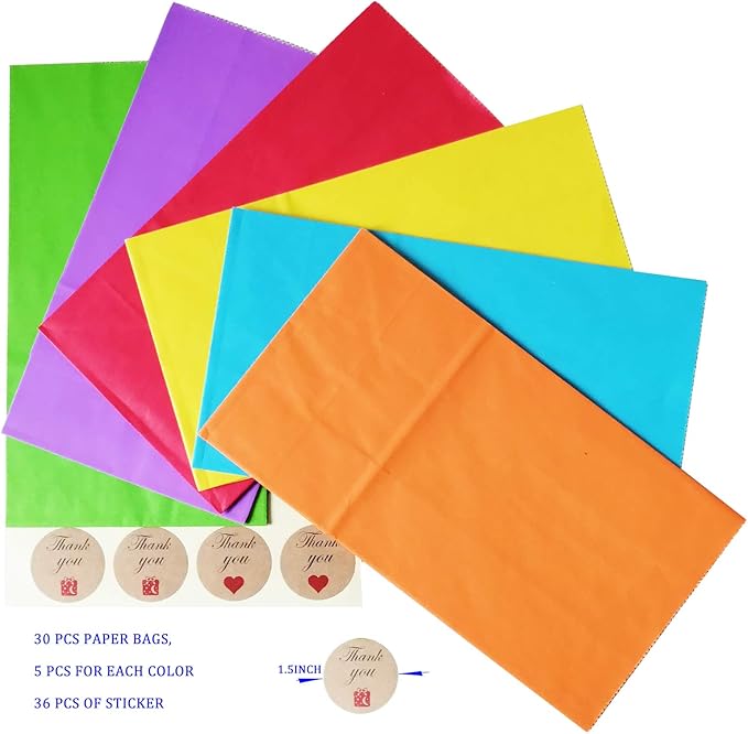 Future Life 30 pcs Solid Color Party Favor Paper Bags, 5.2 * 3.2 * 9.6 Inch, Food Safe Kraft Paper and Ink, Natural (Biodegradable), Vivid Colored, Gift Bags, Give Away Bags.