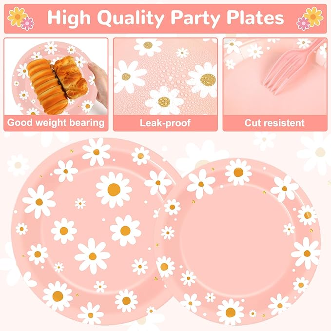 50 Guests Daisy Plates and Napkins Party Supplies Groovy Floral Party Decorations Disposable Tableware Set Pink One Two Groovy Birthday Dinnerware Favor for Summer Girls Wedding Baby Shower, 200PCS
