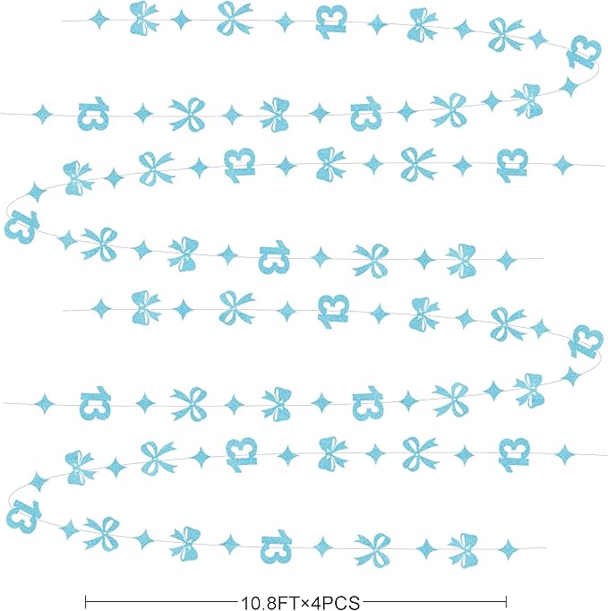 Glitter Blue 13th Bow Birthday Decorations Teal Blue Conquette Bow Garland Streamer Banner Backdrop for Girls Happy 13th Birthday Official Teenager Cheers to 13 Years Old Anniversary Party Supplies