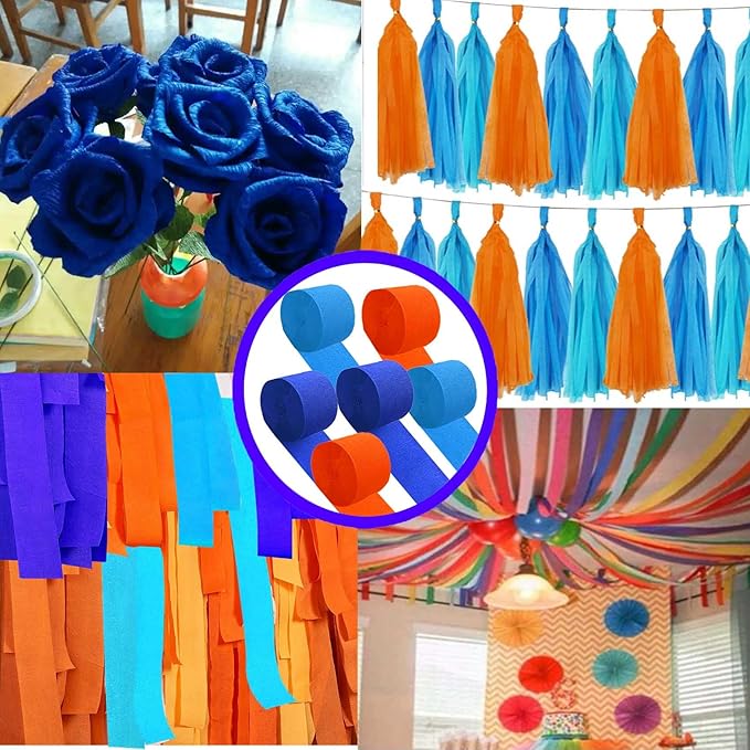 Orange Blue and Royal Blue Crepe Paper 6 Pcs Streamers for Party Decorations, Birthday Wedding DIY Crafts, Gift Wrapping Supplies