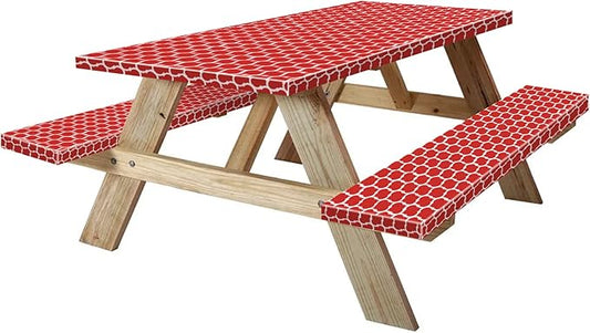 6ft Picnic Table and Bench Cover, Camping Essentials RV Gear, 72 in Waterproof Windproof Outdoor Elastic All Around Tablecloth, Fitted Rectangle Tables and Seats, Red-White Moroccan